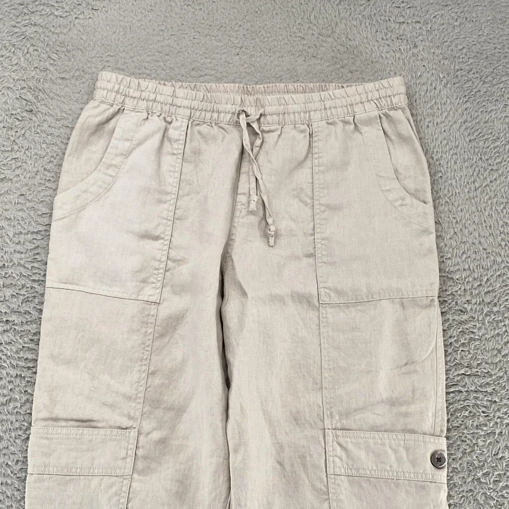 Garnet‎ Hill Linen Cargo Pants Womens Medium Gray Elastic Waist Travel Summer